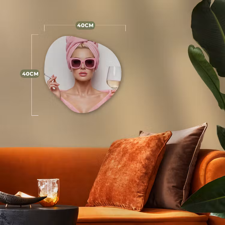 Vrouw - Roze - Wijn - Zonnebril Wandcirkel Organisch Forex 3mm klein -sfeer3