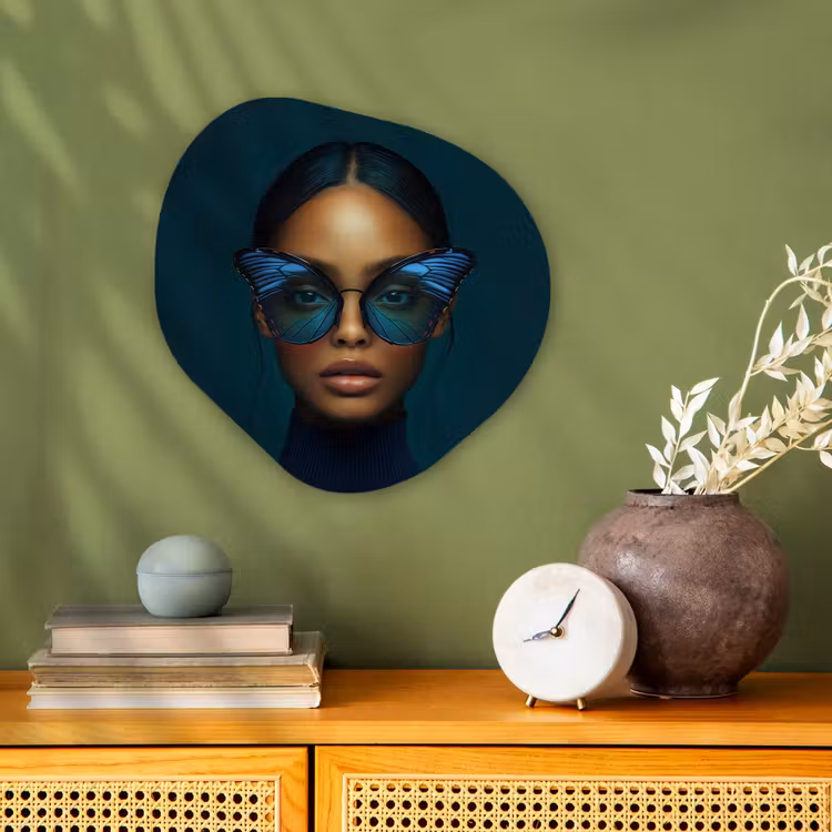 Vrouw - Vlinder - Bril - Blauw - Modern - Portret Wandcirkel Organisch Forex 3mm klein -sfeer2