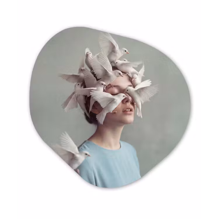 Vrouw - Vogels - Abstract - Modern - Wit Wandcirkel Organisch Forex 3mm klein -3d