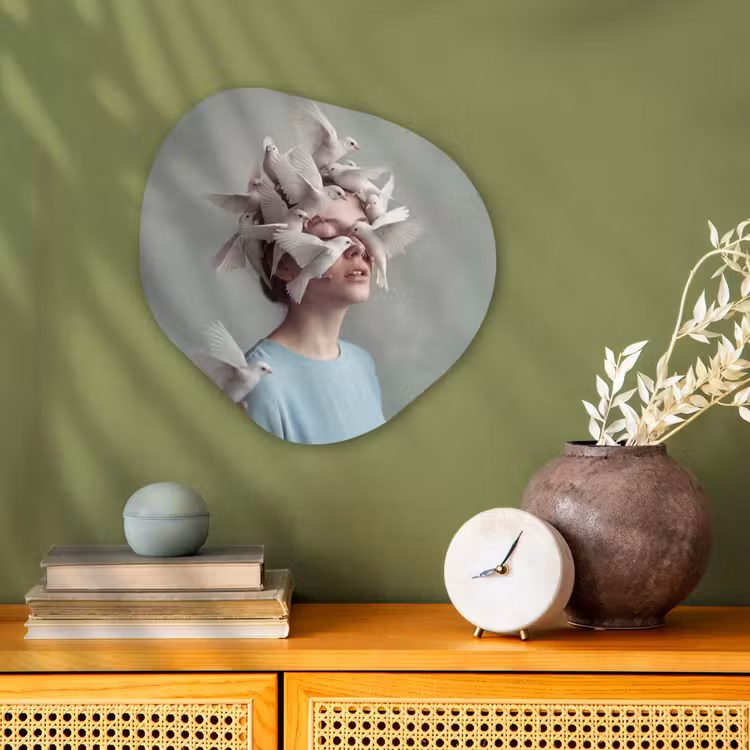 Vrouw - Vogels - Abstract - Modern - Wit Wandcirkel Organisch Forex 3mm klein -sfeer2