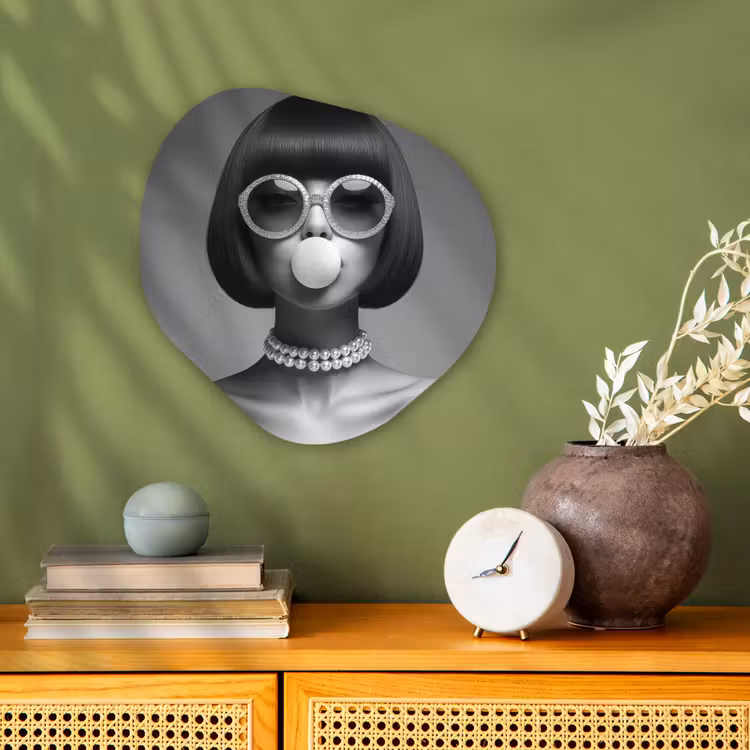 Vrouw - Zwart Wit - Ketting - Zonnebril Wandcirkel Organisch Forex 3mm klein -sfeer2
