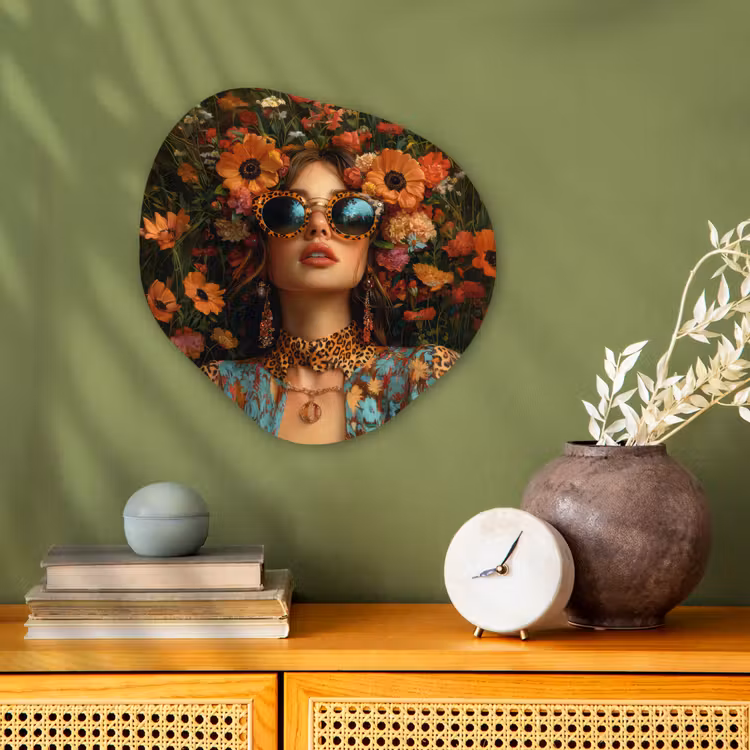 Vrouwen - Bloemen - Modern - Bril - Abstract Wandcirkel Organisch Forex 3mm klein -sfeer2