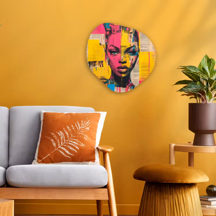 Vrouwengezicht - Krantenpapier - Abstract - Roze Wandcirkel Organisch Forex 3mm klein -sfeer4