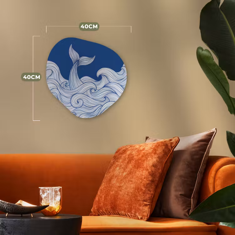 Walvis - Staart - Golven - Lijntekening - Blauw Wandcirkel Organisch Forex 3mm klein -sfeer3