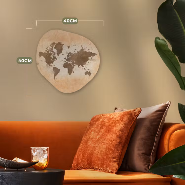 Wereldkaart - Beige - Bruin Wandcirkel Organisch Forex 3mm klein -sfeer3