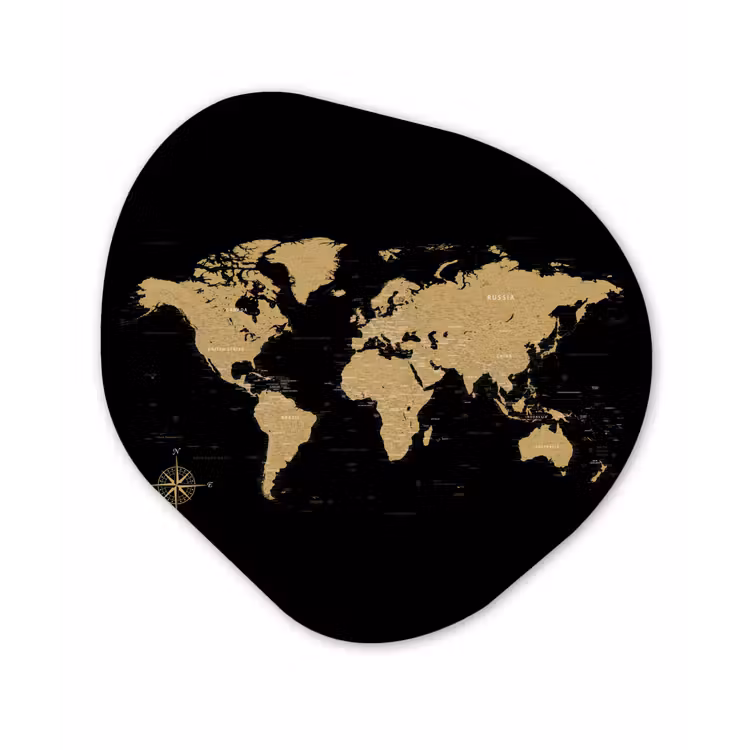 Wereldkaart - Beige - Zwart Wandcirkel Organisch Forex 3mm klein -3d