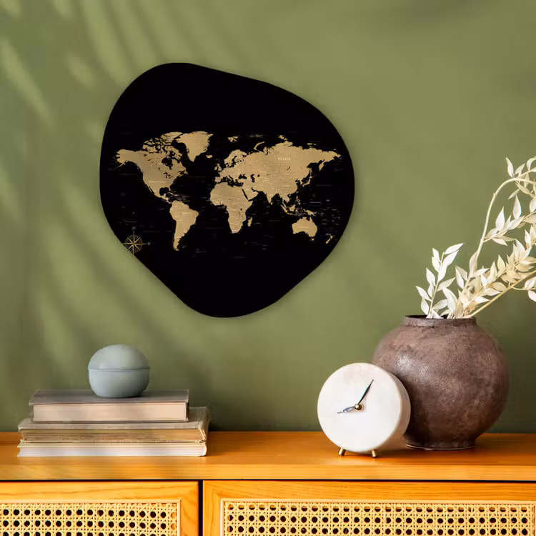 Wereldkaart - Beige - Zwart Wandcirkel Organisch Forex 3mm klein -sfeer2