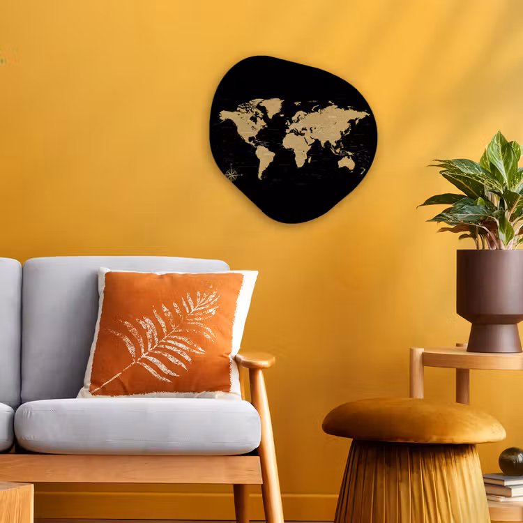Wereldkaart - Beige - Zwart Wandcirkel Organisch Forex 3mm klein -sfeer4