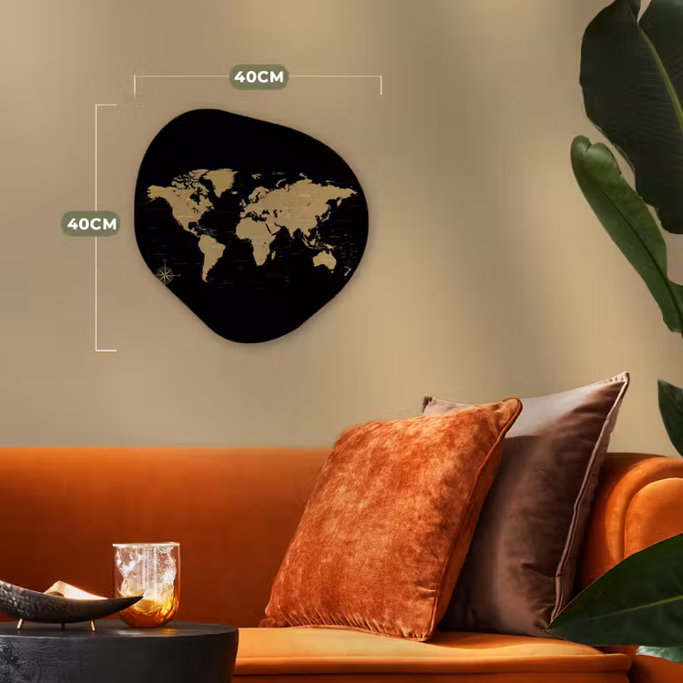 Wereldkaart - Beige - Zwart Wandcirkel Organisch Forex 3mm klein -sfeer3