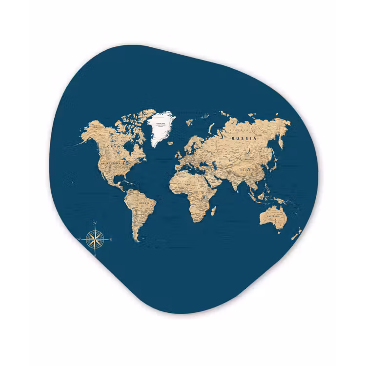 Wereldkaart - Donkerblauw - Beige Wandcirkel Organisch Forex 3mm klein -3d