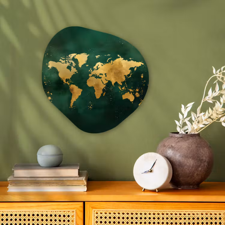 Wereldkaart - Groen - Goud Wandcirkel Organisch Forex 3mm klein -sfeer2