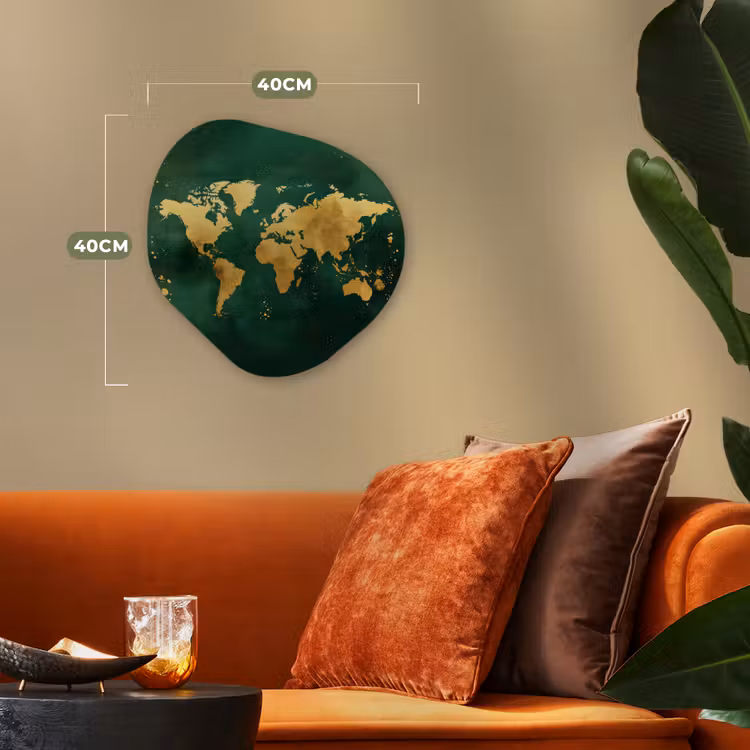 Wereldkaart - Groen - Goud Wandcirkel Organisch Forex 3mm klein -sfeer3