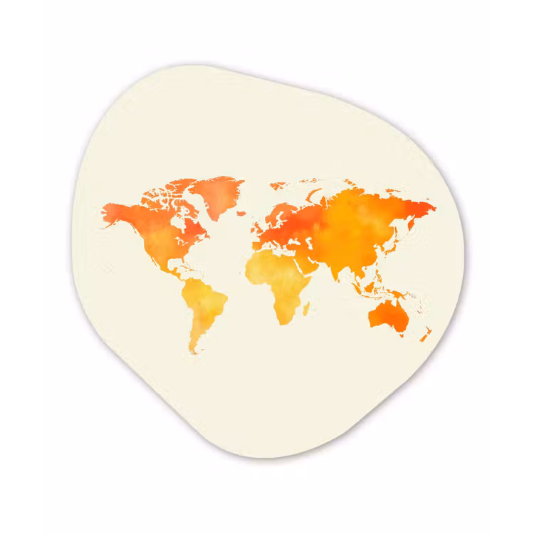 Wereldkaart - Oranje - Kleurrijk Wandcirkel Organisch Forex 3mm klein -3d