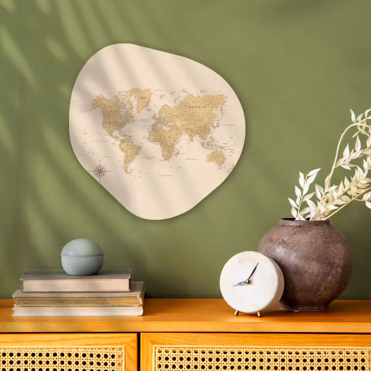 Wereldkaart - Realistisch - Beige Wandcirkel Organisch Forex 3mm klein -sfeer2