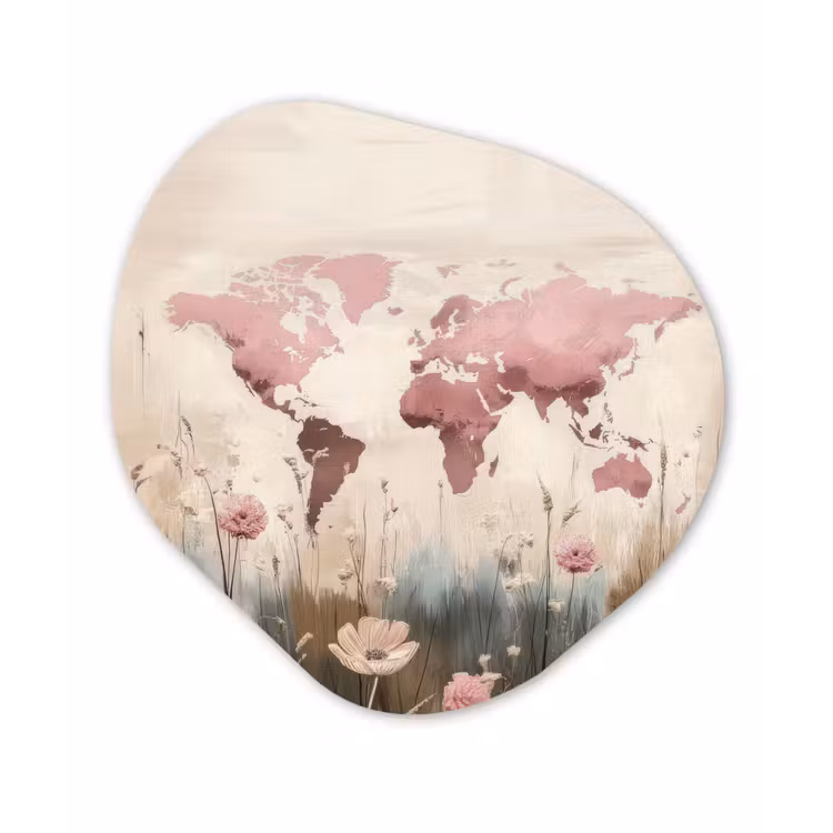 Wereldkaart - Roze - Bloemen Wandcirkel Organisch Forex 3mm klein -3d