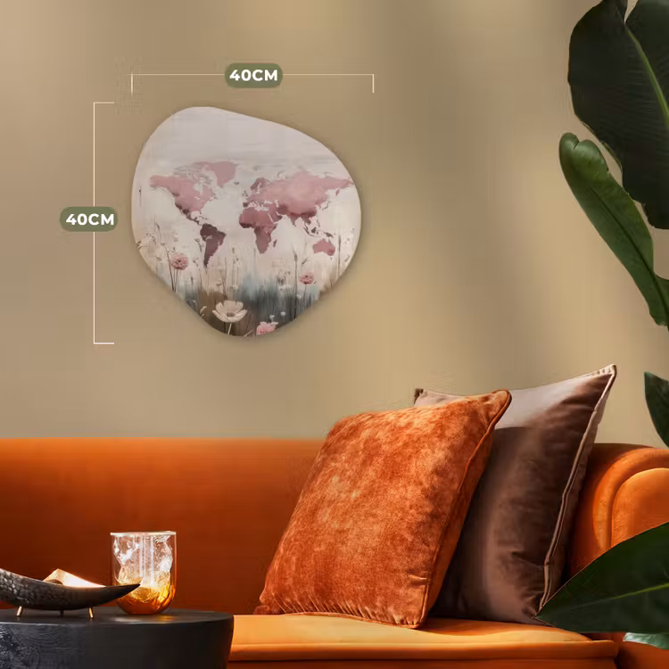 Wereldkaart - Roze - Bloemen Wandcirkel Organisch Forex 3mm klein -sfeer3