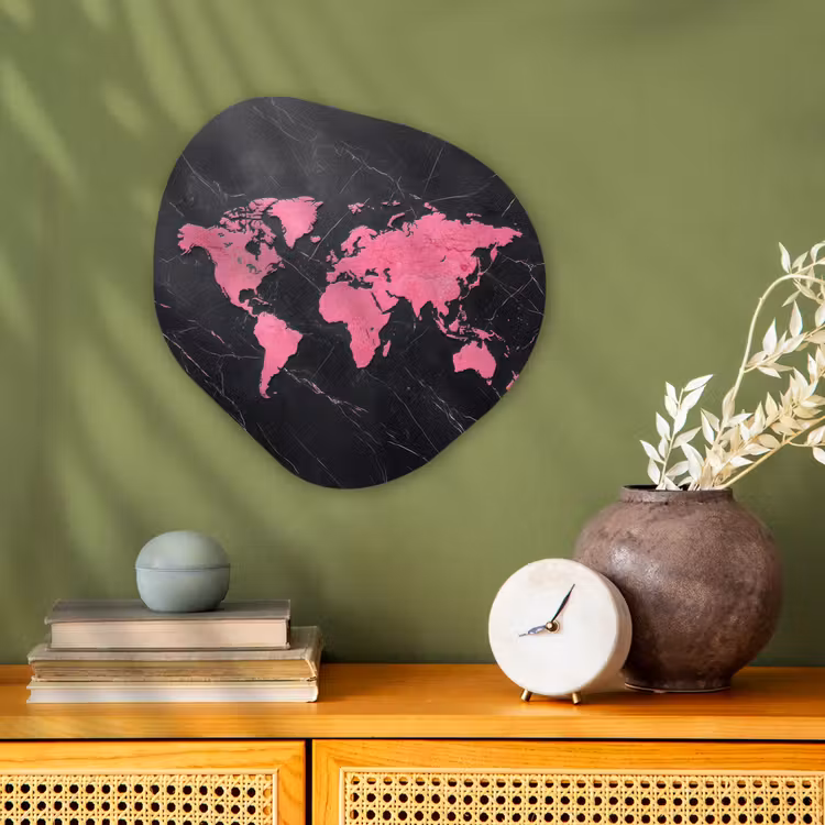 Wereldkaart - Roze - Marmer Wandcirkel Organisch Forex 3mm klein -sfeer2