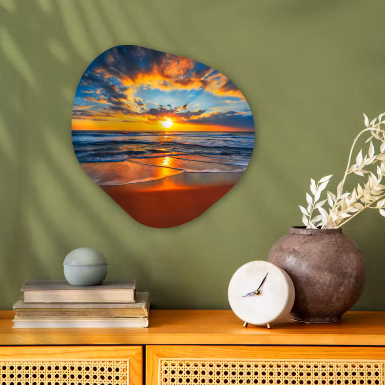 Zee - Zonsondergang - Strand - Wolken - Oranje Wandcirkel Organisch Forex 3mm klein -sfeer2