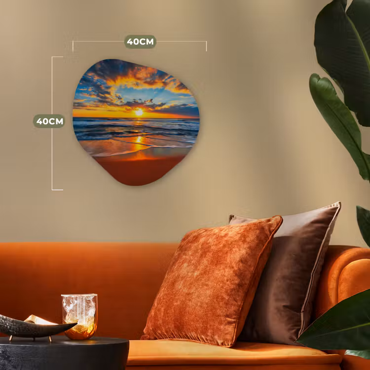 Zee - Zonsondergang - Strand - Wolken - Oranje Wandcirkel Organisch Forex 3mm klein -sfeer3