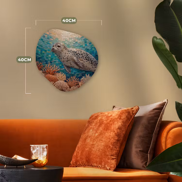 Zeehond - Mozaïek - Onderwater - Dieren - Blauw Wandcirkel Organisch Forex 3mm klein -sfeer3