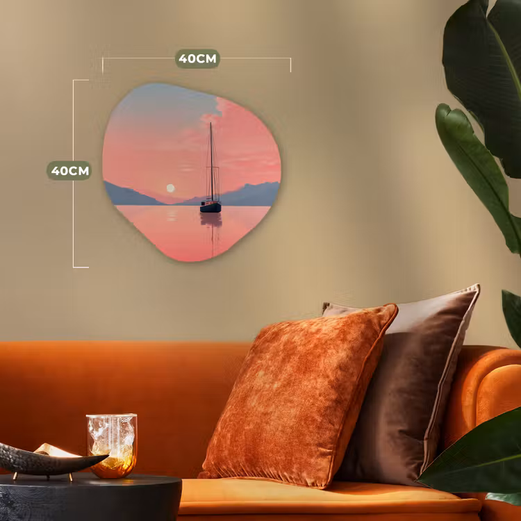 Zeilboot - Roze zee - Zonsondergang - Bergen Wandcirkel Organisch Forex 3mm klein -sfeer3