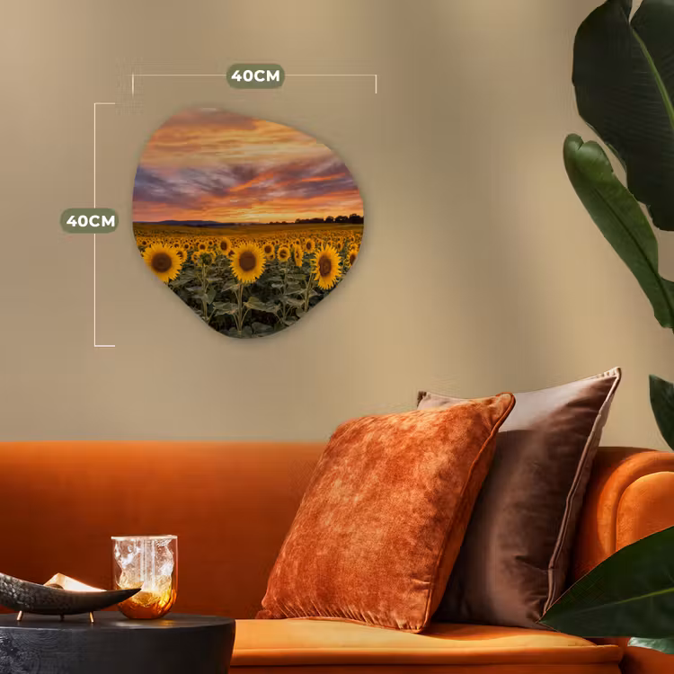 Zonnebloemen - Heuvellandschap - Geel Wandcirkel Organisch Forex 3mm klein -sfeer3