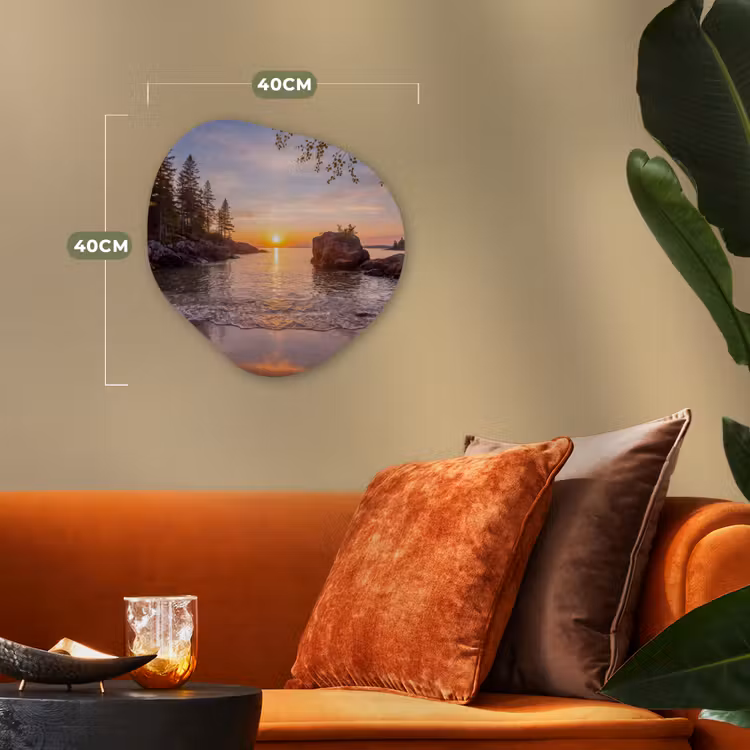 Zonsondergang - Kust - Water - Natuur - Oranje Wandcirkel Organisch Forex 3mm klein -sfeer3
