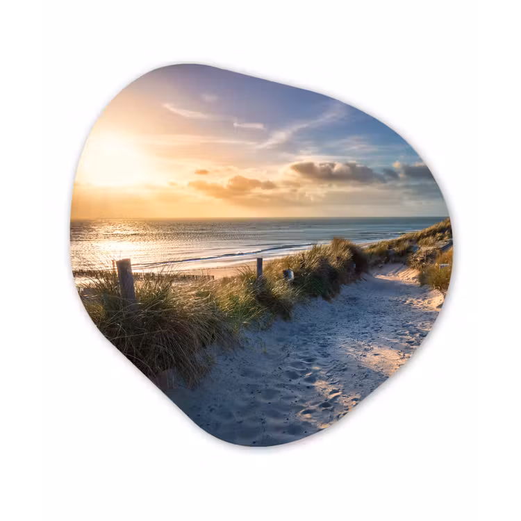 Zonsondergang - Strand - Duin - Gras - Bank Wandcirkel Organisch Forex 3mm klein -3d