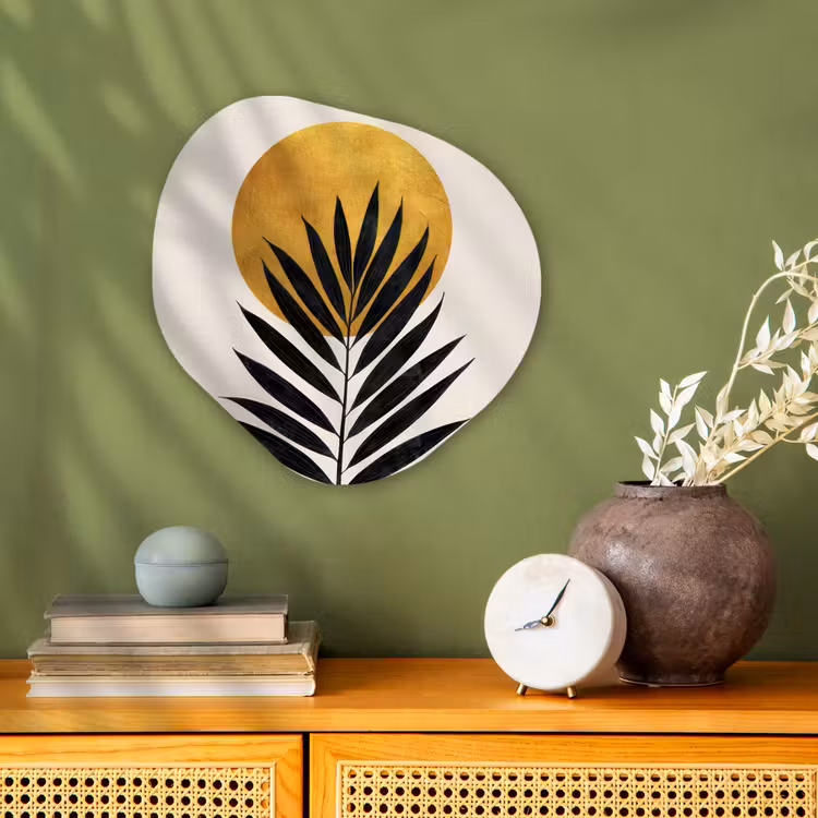 Zwart palmblad - Gouden cirkel - Beige achtergrond Wandcirkel Organisch Forex 3mm klein -sfeer2