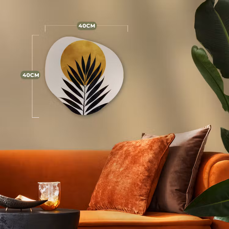 Zwart palmblad - Gouden cirkel - Beige achtergrond Wandcirkel Organisch Forex 3mm klein -sfeer3