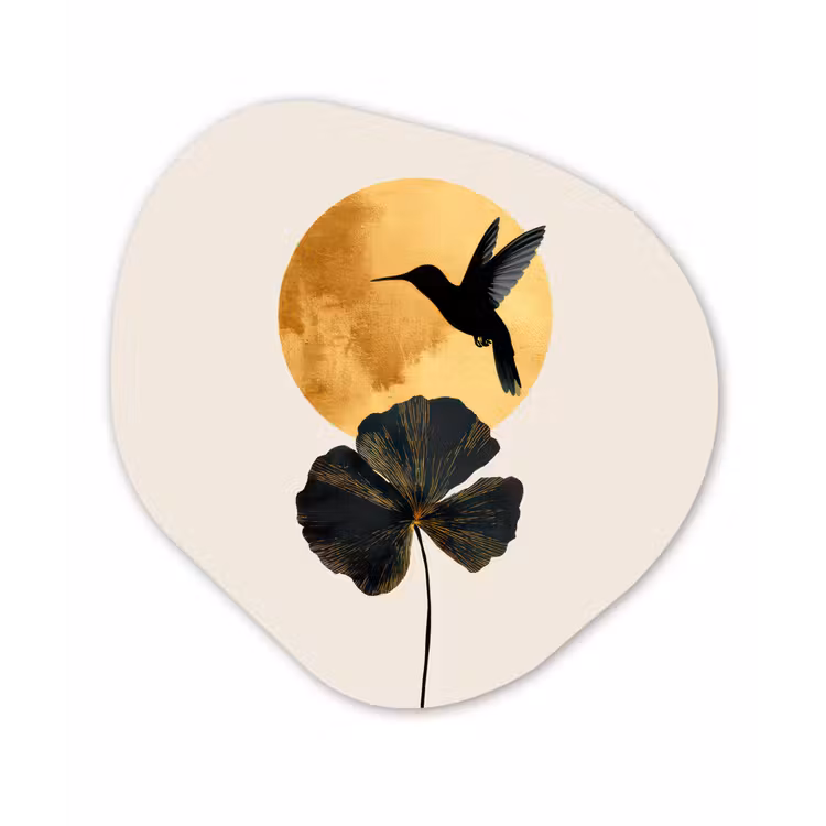 Zwarte kolibrie - Bloem - Gouden cirkel Wandcirkel Organisch Forex 3mm klein -3d