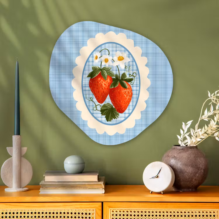 Aardbeien - Lijst - Rood - Geruit Wandcirkel Organisch Plexiglas middel -sfeer2
