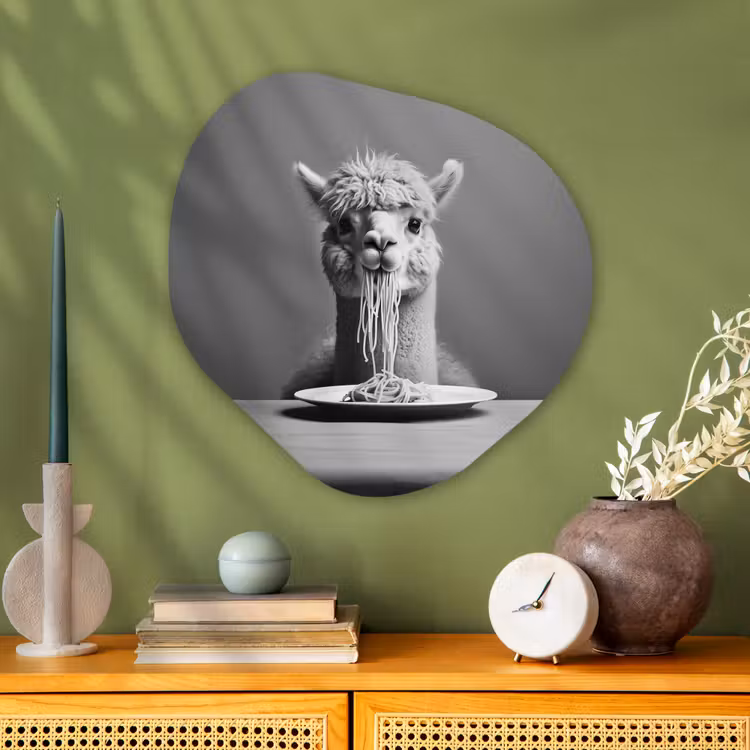 Alpaca - Pasta - Zwart - Wit - Grappig - Dieren Wandcirkel Organisch Plexiglas middel -sfeer2