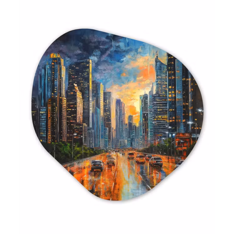 Auto - Skyline - Zon - Blauw Wandcirkel Organisch Plexiglas middel -3d