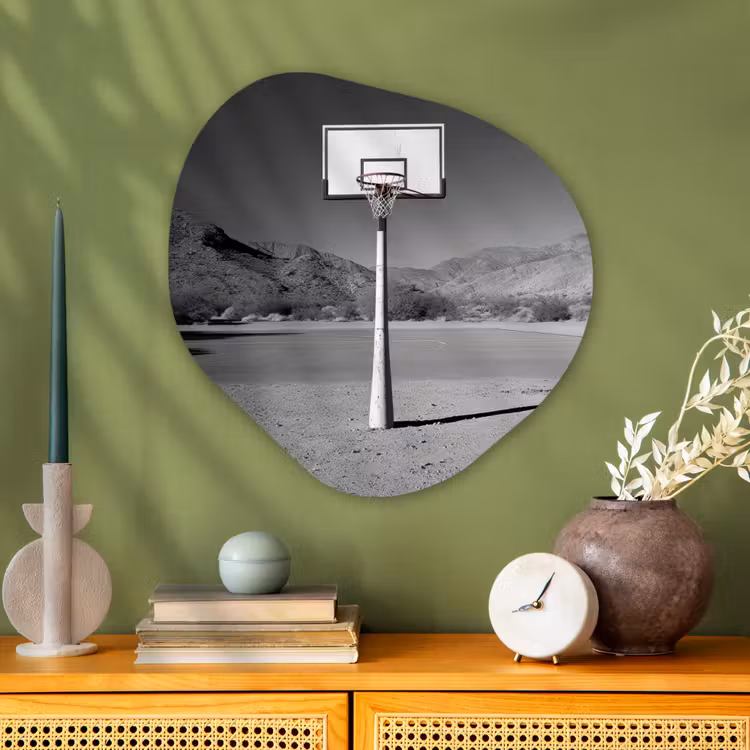 Basketbalpaal - Landschap - Zand - Wit Wandcirkel Organisch Plexiglas middel -sfeer2