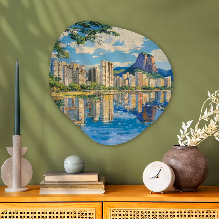 Berg - Skyline - Strand - Water Wandcirkel Organisch Plexiglas middel -sfeer2