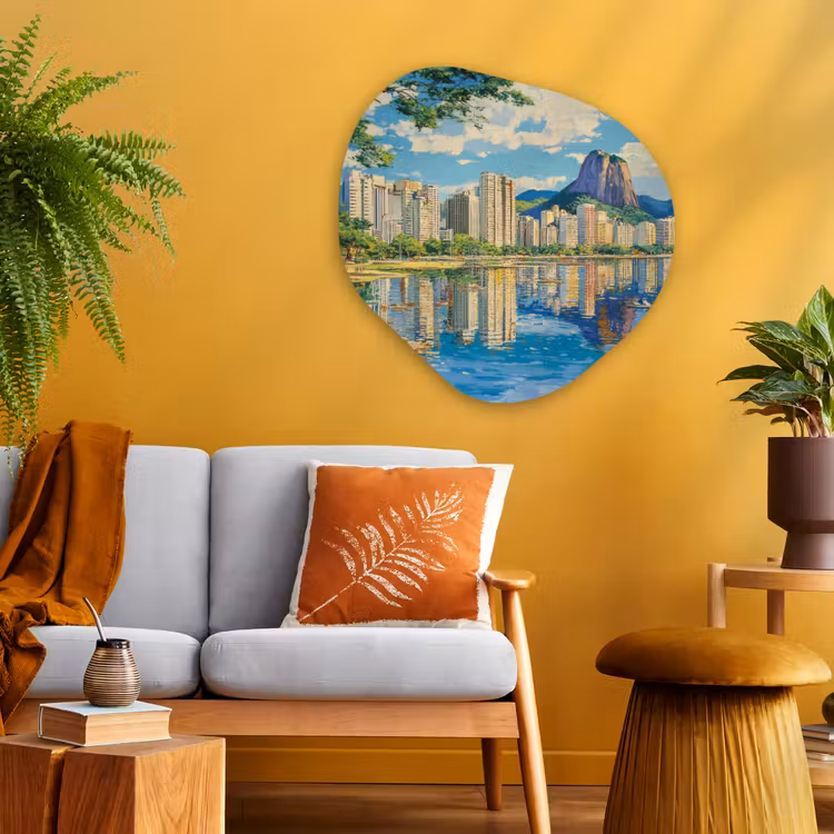 Berg - Skyline - Strand - Water Wandcirkel Organisch Plexiglas middel -sfeer4