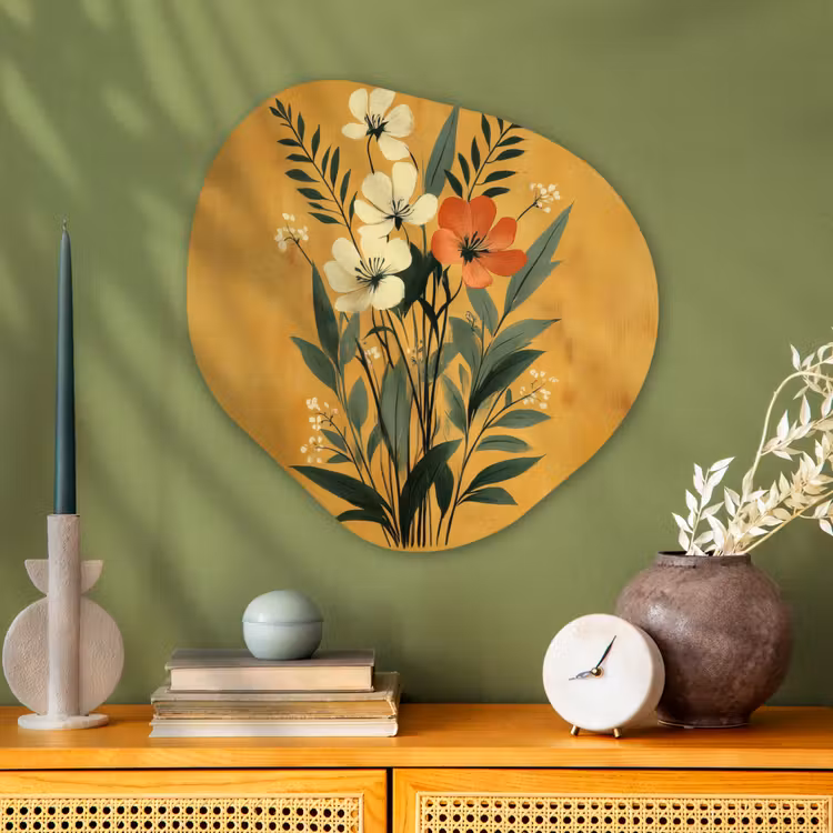 Bladeren - Boeket - Bloemen - Geel Wandcirkel Organisch Plexiglas middel -sfeer2