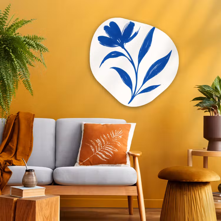 Bloem - Blaadjes - Minimalistisch - Blauw Wandcirkel Organisch Plexiglas middel -sfeer4