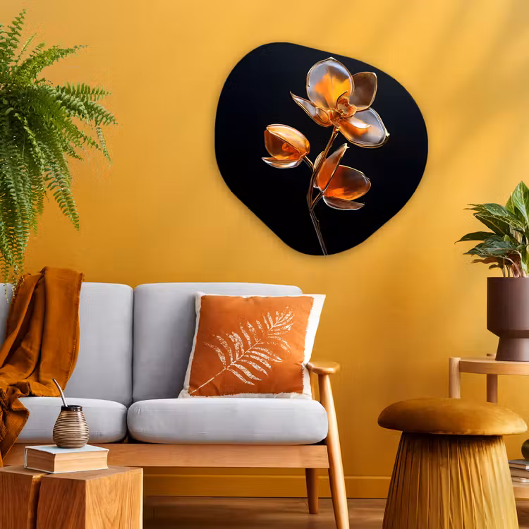 Bloem - Orchidee - Oranje Wandcirkel Organisch Plexiglas middel -sfeer4