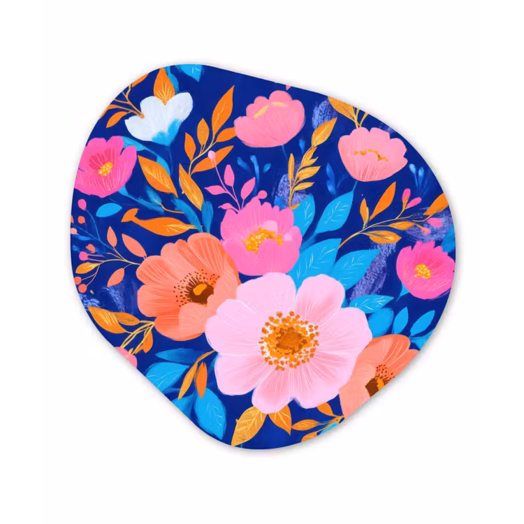 Bloemen - Blauw - Roze Wandcirkel Organisch Plexiglas middel -3d