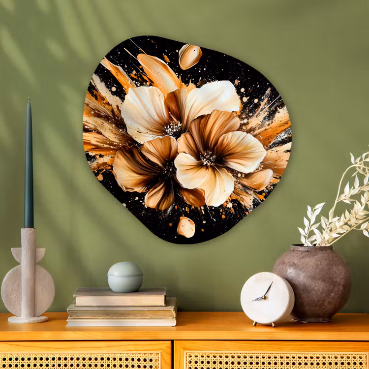 Bloemen - Goud - Graffiti - Zwart - Abstract Wandcirkel Organisch Plexiglas middel -sfeer2