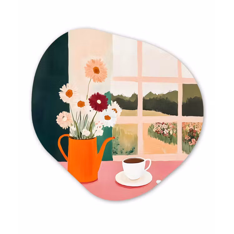 Bloemen - Koffie - Raam Wandcirkel Organisch Plexiglas middel -3d