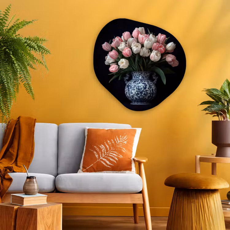 Bloemen - Roze - Tulpen - Vaas Wandcirkel Organisch Plexiglas middel -sfeer4