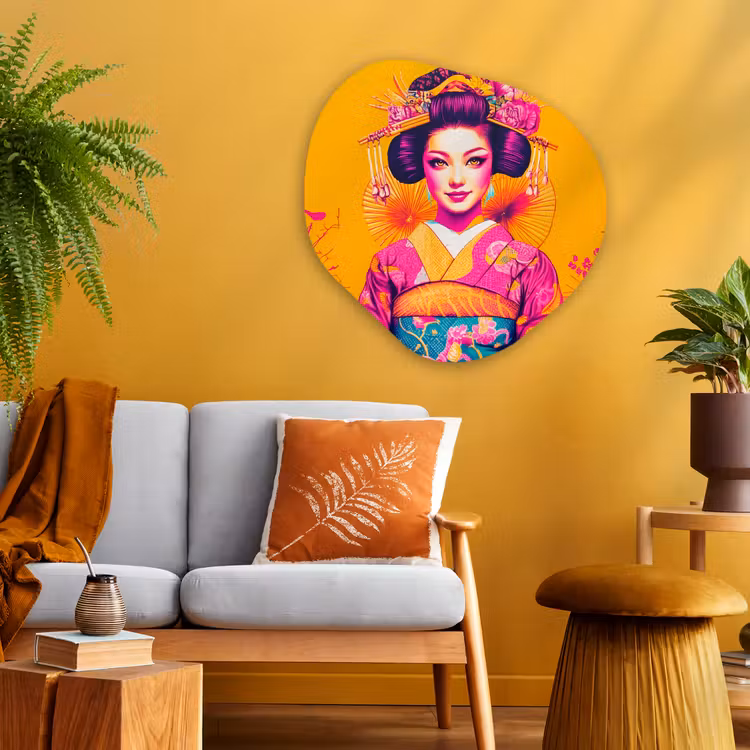 Bloemen - Vrouw - Kimono - Roze Wandcirkel Organisch Plexiglas middel -sfeer4