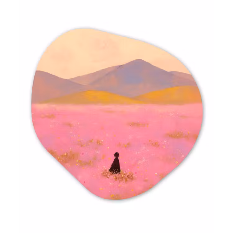Bloemenweide - Heuvels - Silhouet - Roze Wandcirkel Organisch Plexiglas middel -3d