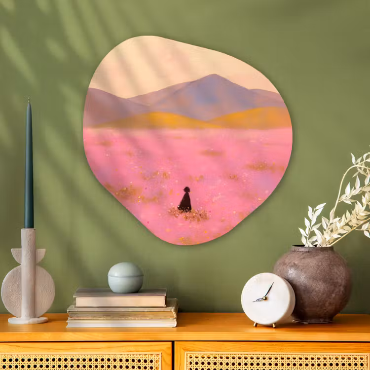 Bloemenweide - Heuvels - Silhouet - Roze Wandcirkel Organisch Plexiglas middel -sfeer2