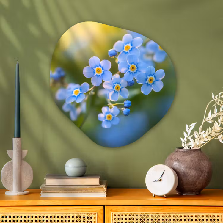Bloemetjes - Blauw - Vergeet mij nietjes Wandcirkel Organisch Plexiglas middel -sfeer2