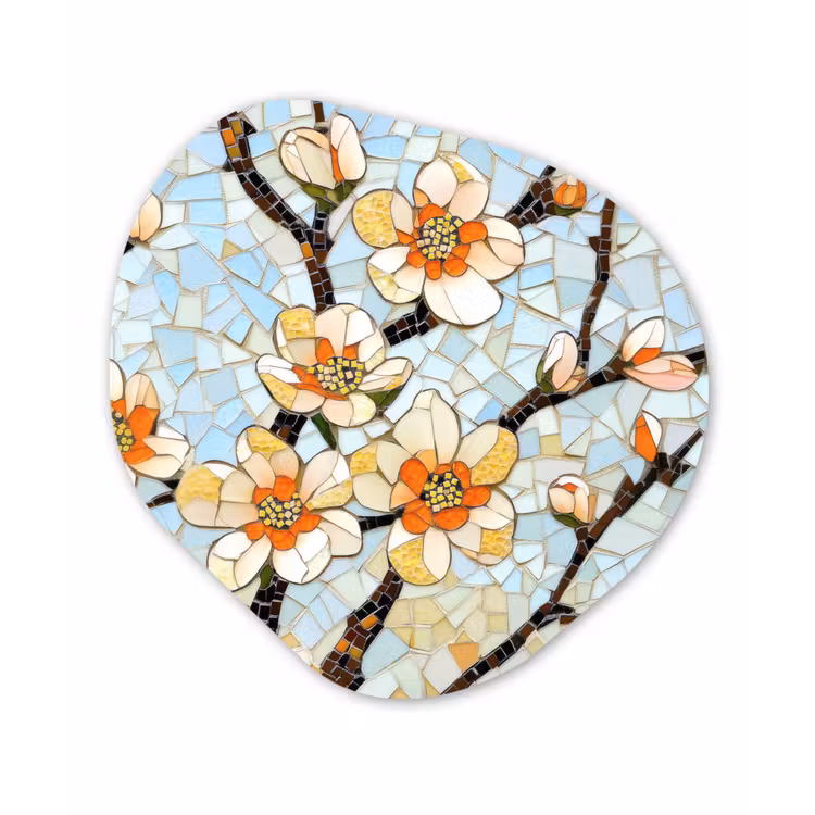 Bloesems - Wit - Mozaïek - Tak Wandcirkel Organisch Plexiglas middel -3d