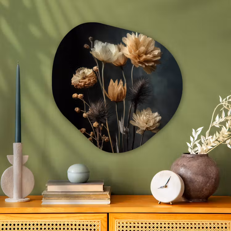 Boeket - Bloemen - Licht - Zwart Wandcirkel Organisch Plexiglas middel -sfeer2